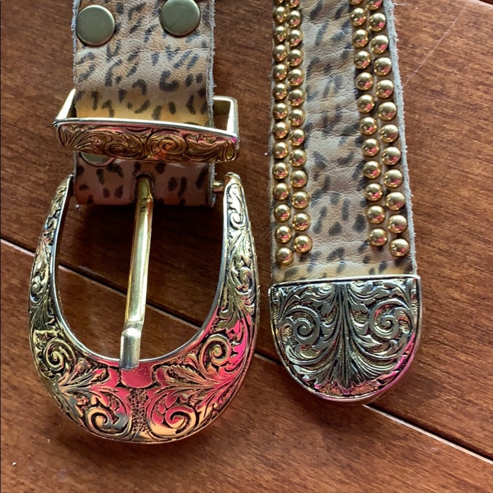 Leopard print belt with gold studs- leather
